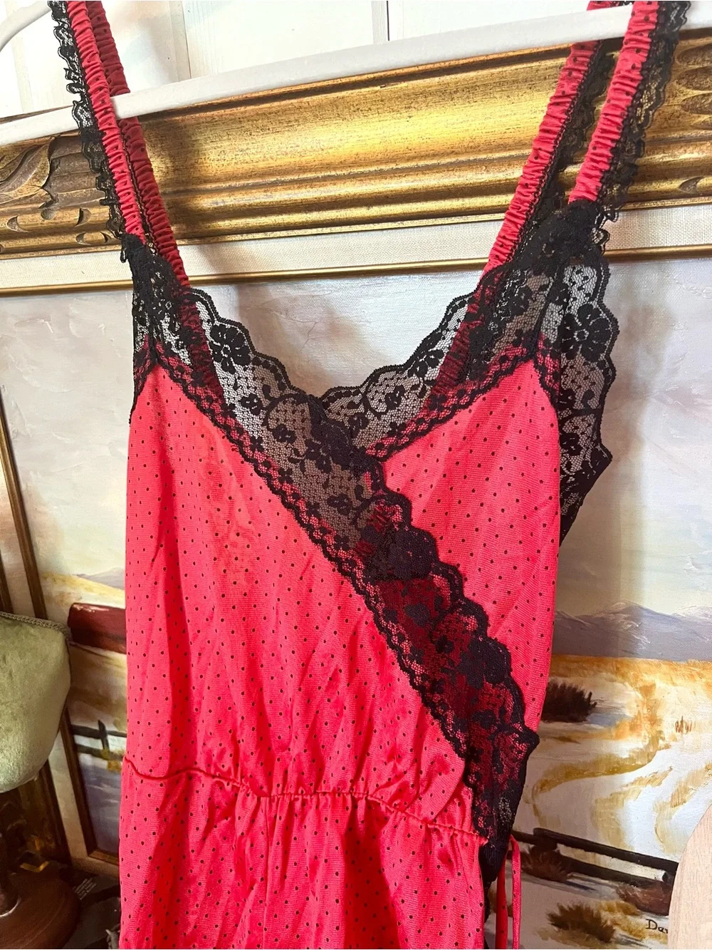Vintage Petra Fashions Lingerie Babydoll Jumpsuit Red/Black Polka Dot Lace Trim